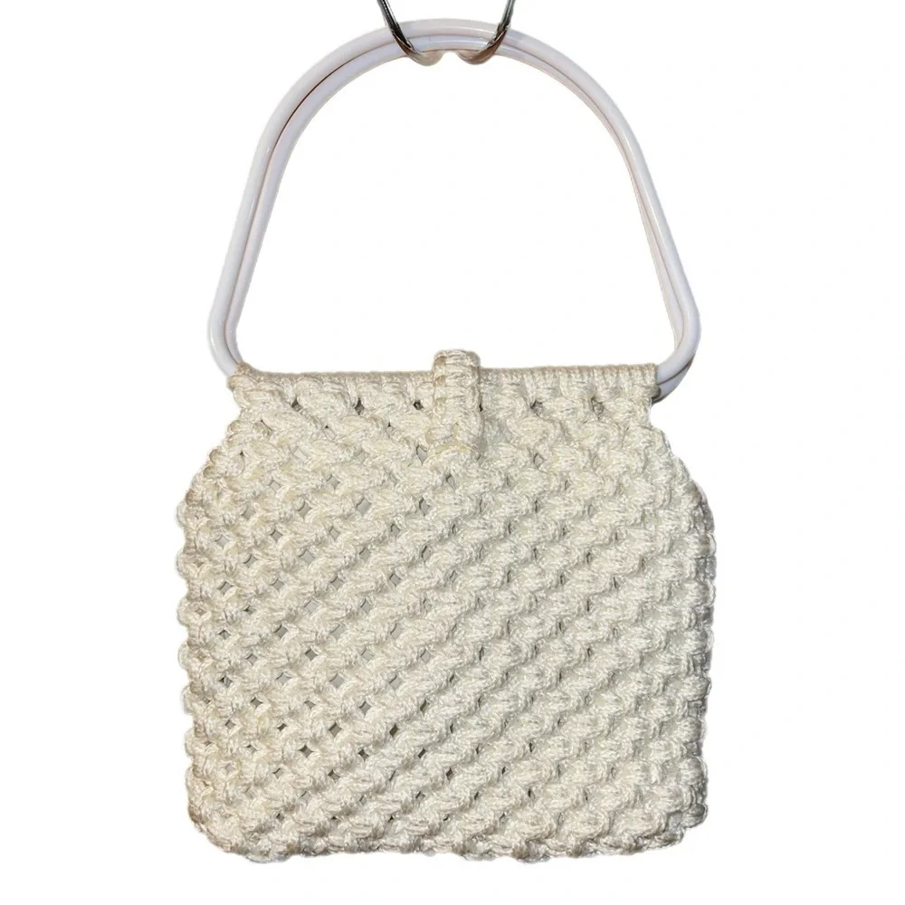 Vintage - Handmade‎ Macramé Handbag - White Handles - Boho Hippie